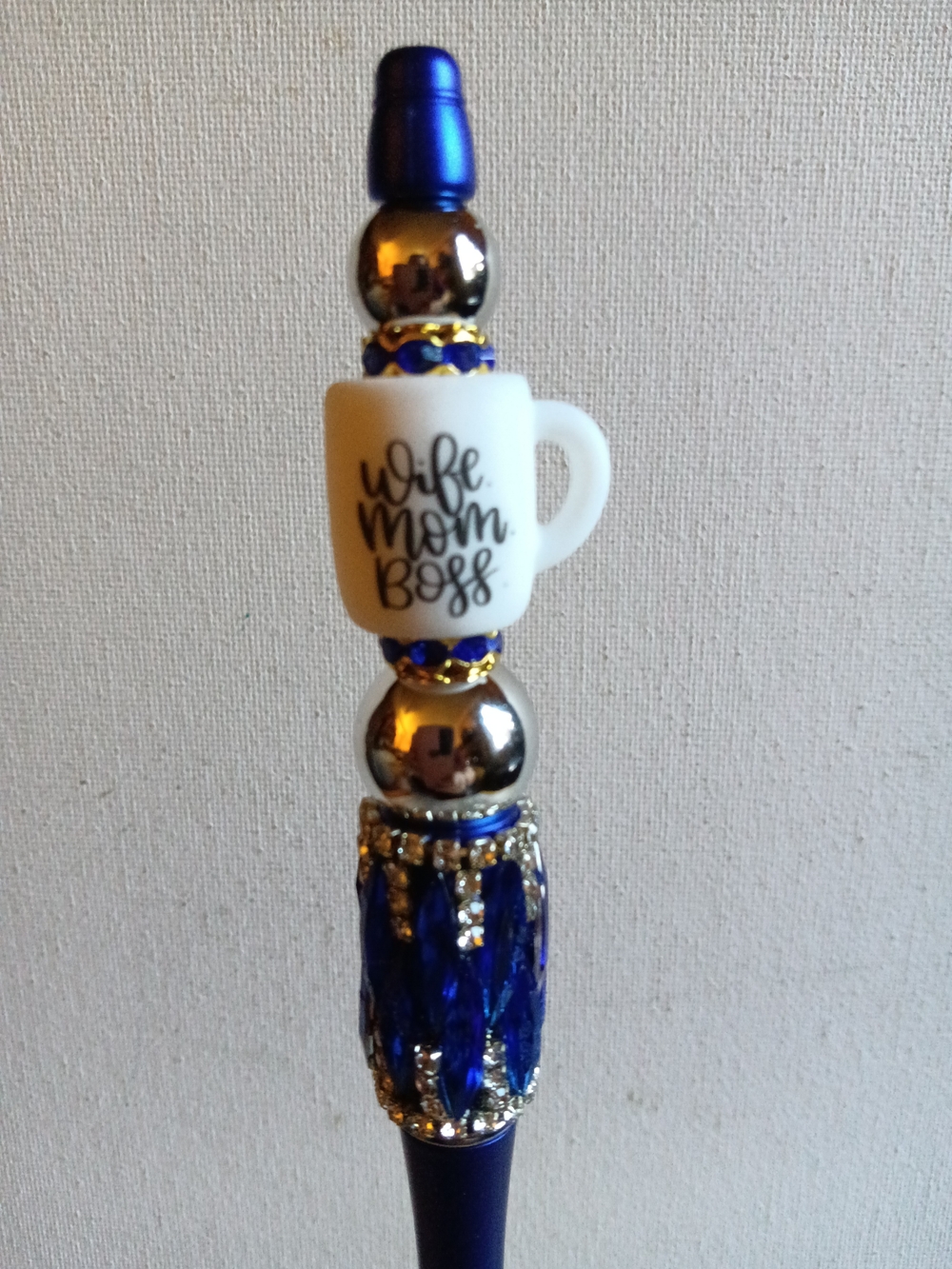 Wife Mom Boss Beaded Pen with Royal Blue and Silver Accents